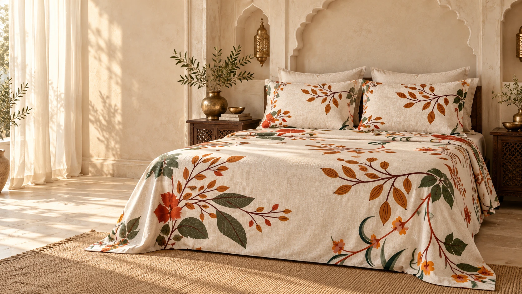 Cream botanical bed linen in a sunlit Jaipur-inspired bedroom