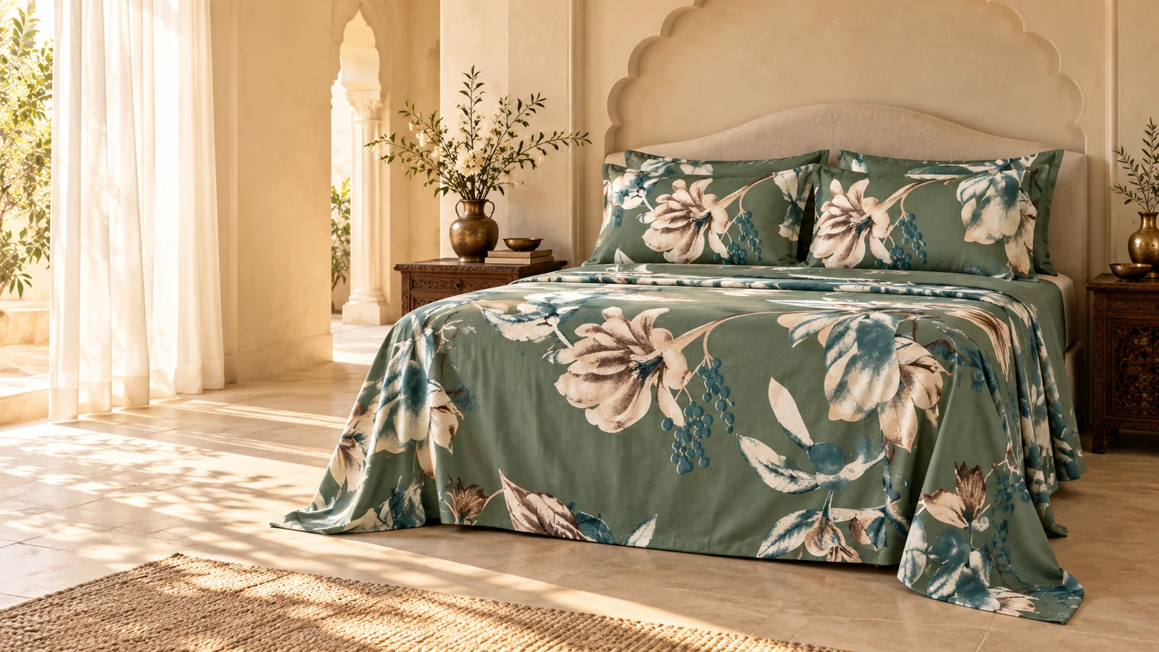 Sage botanical bedsheet styled in an elegant warm bedroom