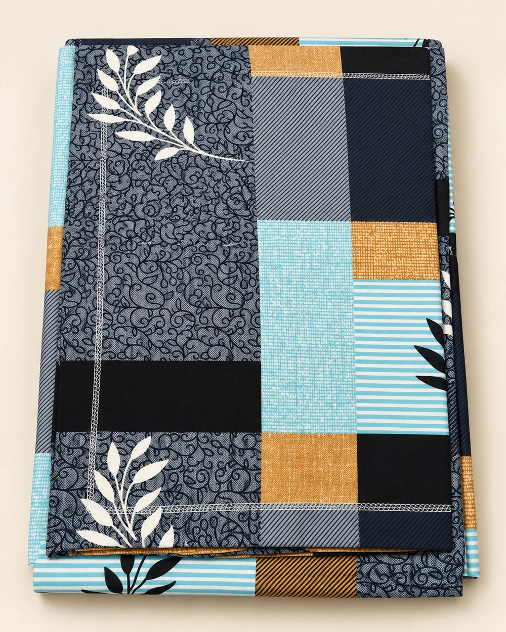 Modern Patchwork printed bedsheet, folded to show its design