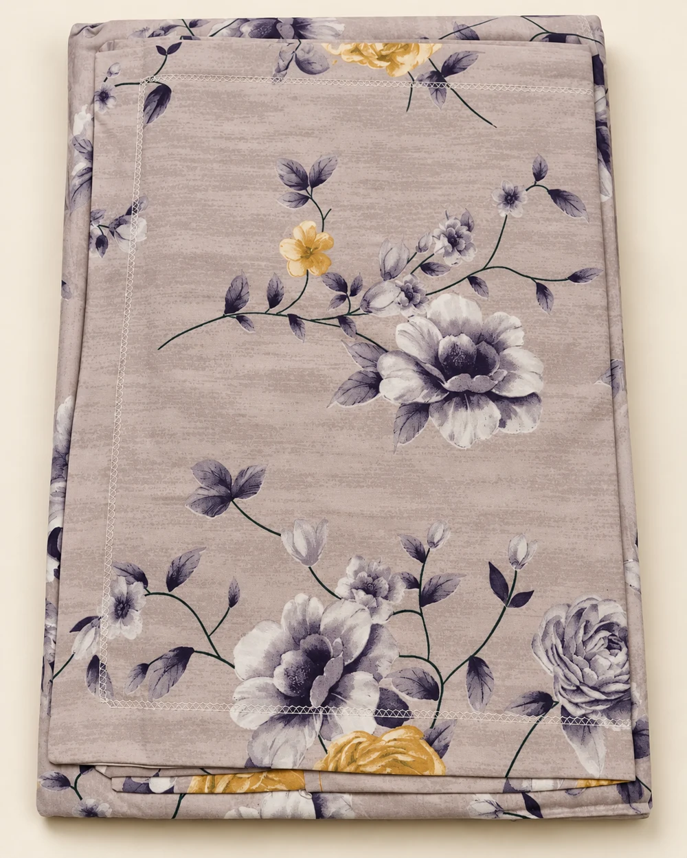 Lavender Garden printed bedsheet, folded to show its design
